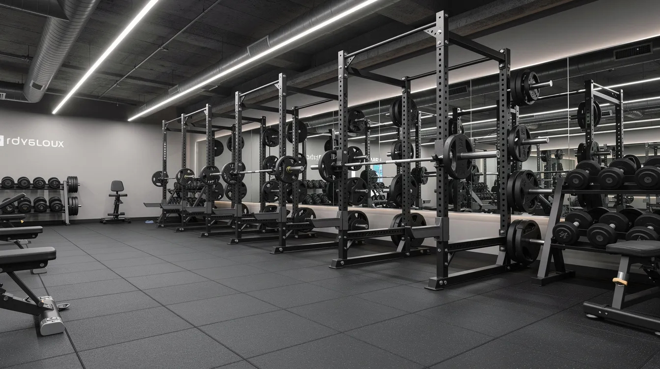 The image shows a modern commercial gym interior featuring squat racks and barbells set on thick dark rubber flooring, which provides excellent shock absorption and durability for heavy weights. This gym space is designed for various workouts and floor exercises, making it an ideal choice for fitness centers and gym owners seeking effective flooring solutions.